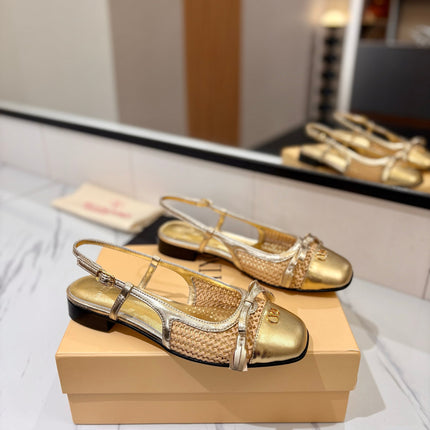 VALENTINO 26S SLINGBACK FLATS IN METALLIC GOLD CALFSKIN