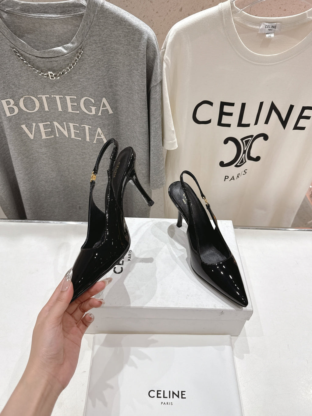 JUDY TRIOMPHE STILETTO SLINGBACK 75MM IN BLACK PATENT CALFSKIN