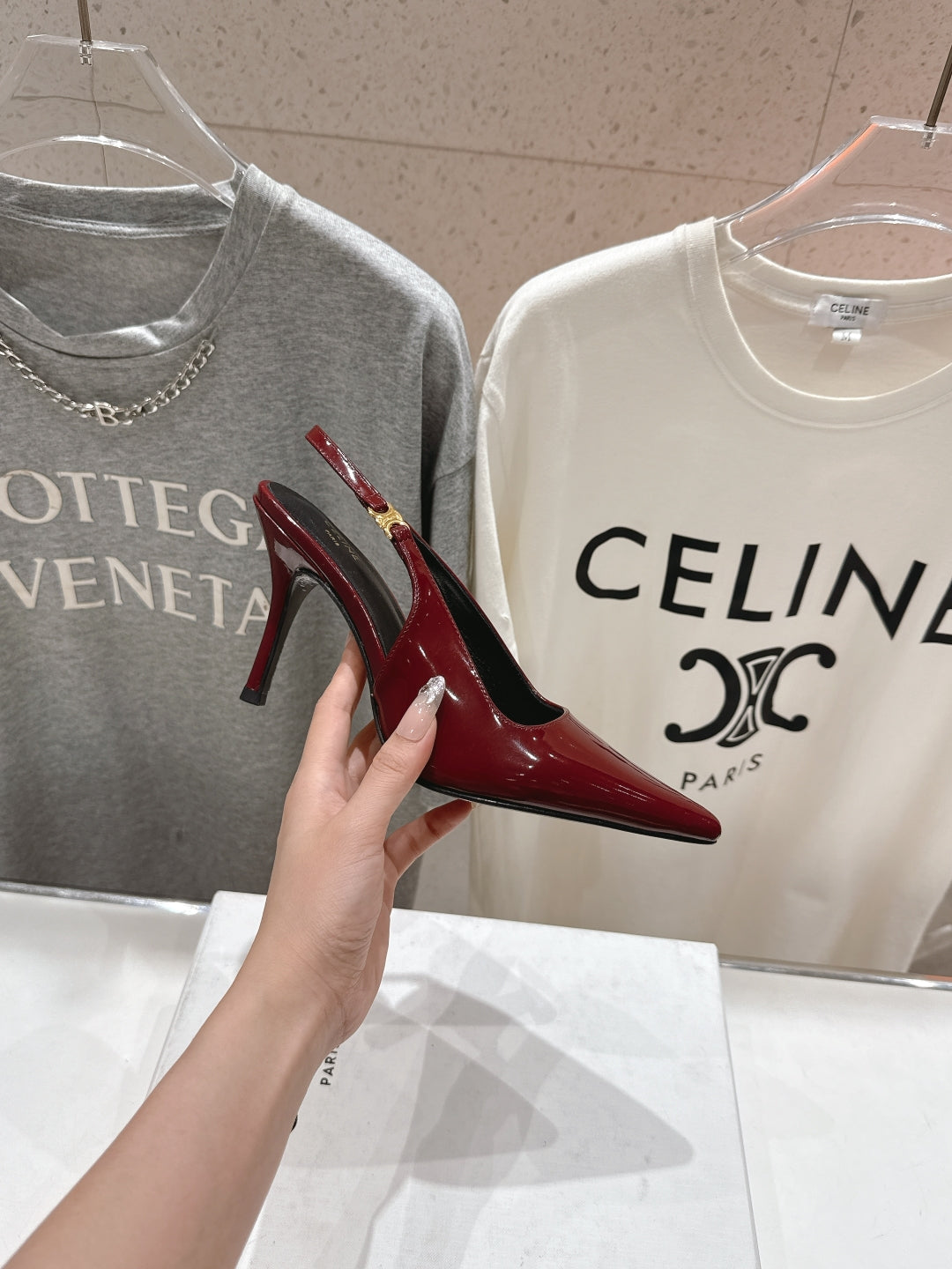 JUDY TRIOMPHE STILETTO SLINGBACK 75MM IN BURGUNDY RED PATENT CALFSKIN