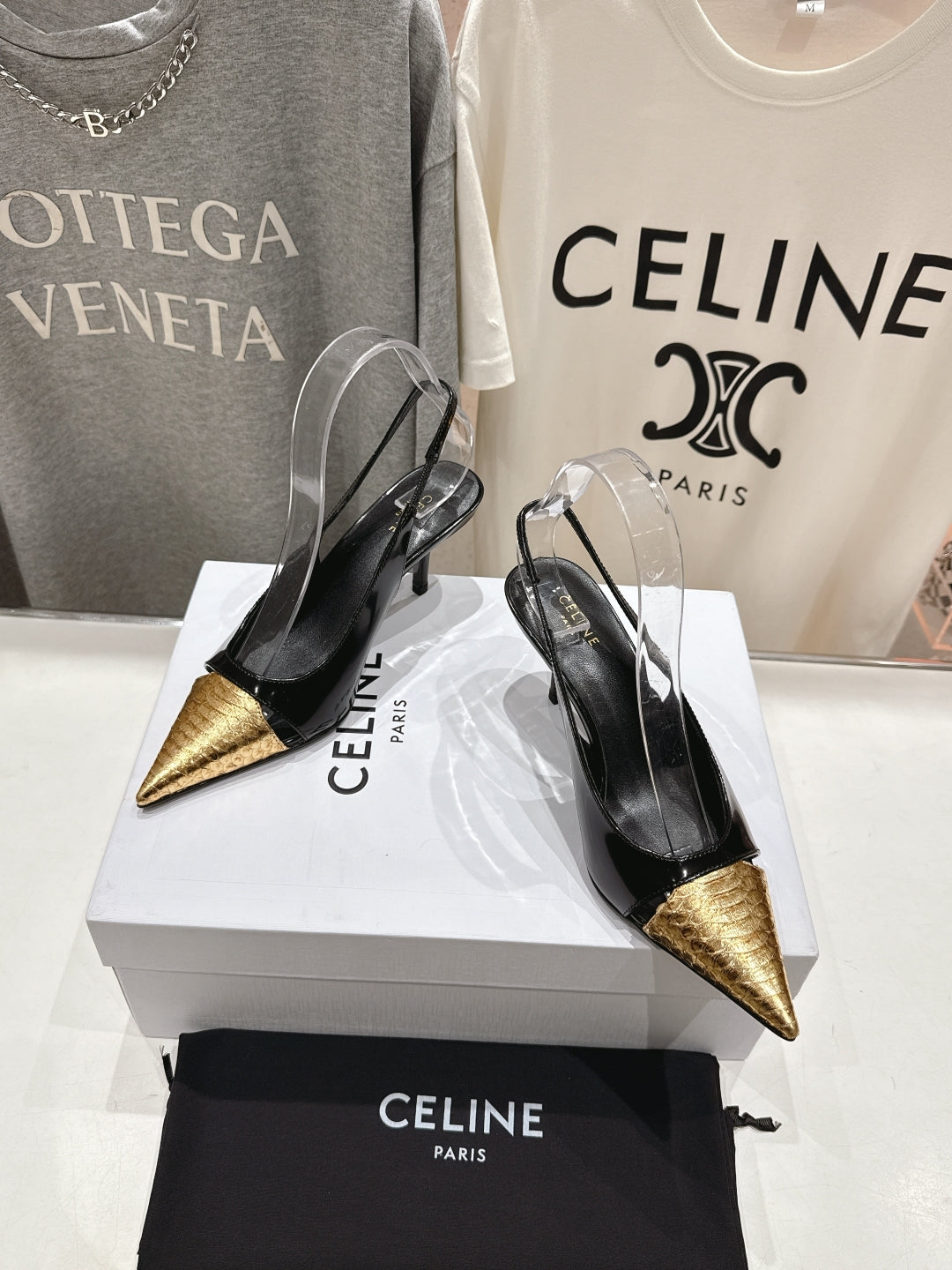 JUDY CAP TOE SLINGBACK 65MM IN BLACK SHINY CALFSKIN AND GOLD SNAKE EMBOSSED LEATHER