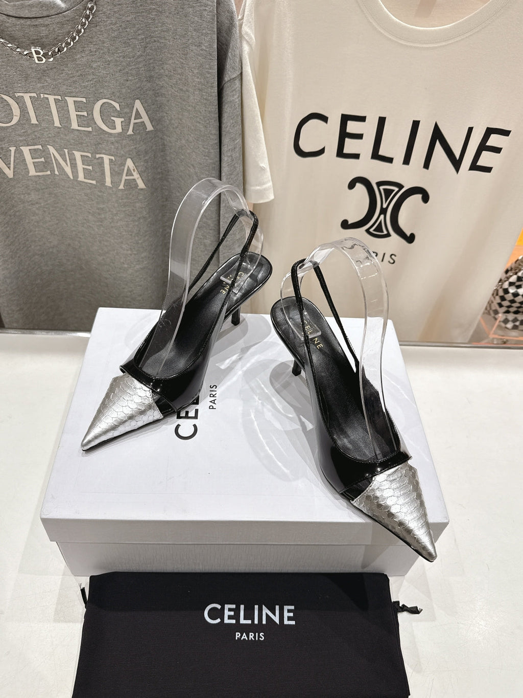 JUDY CAP TOE SLINGBACK 65MM IN BLACK SHINY CALFSKIN AND SILVER SNAKE EMBOSSED LEATHER