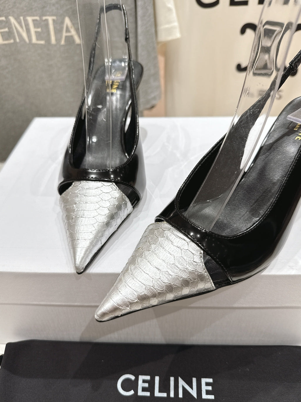 JUDY CAP TOE SLINGBACK 65MM IN BLACK SHINY CALFSKIN AND SILVER SNAKE EMBOSSED LEATHER