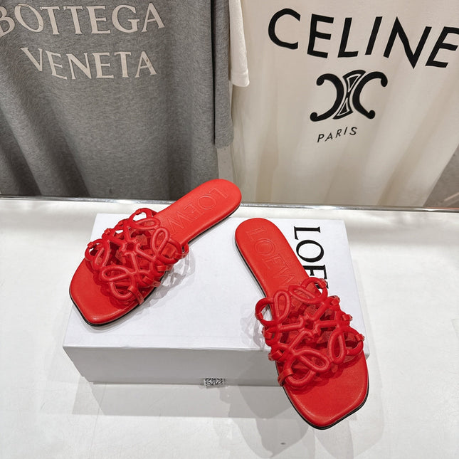 LOEWE 26S PETAL ANAGRAM SLIDE IN DARK RED CALFSKIN