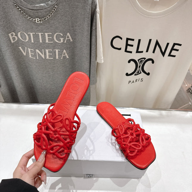 LOEWE 26S PETAL ANAGRAM SLIDE IN DARK RED CALFSKIN