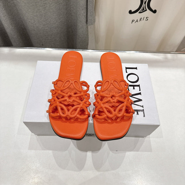 LOEWE 26S PETAL ANAGRAM SLIDE IN BURNT ORANGE CALFSKIN