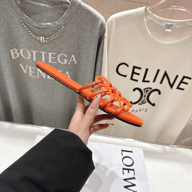 LOEWE 26S PETAL ANAGRAM SLIDE IN BURNT ORANGE CALFSKIN