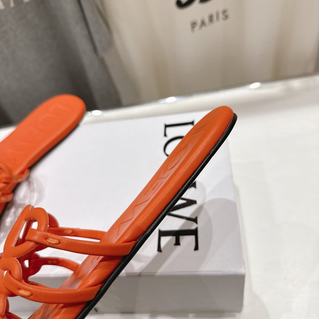 LOEWE 26S PETAL ANAGRAM SLIDE IN BURNT ORANGE CALFSKIN