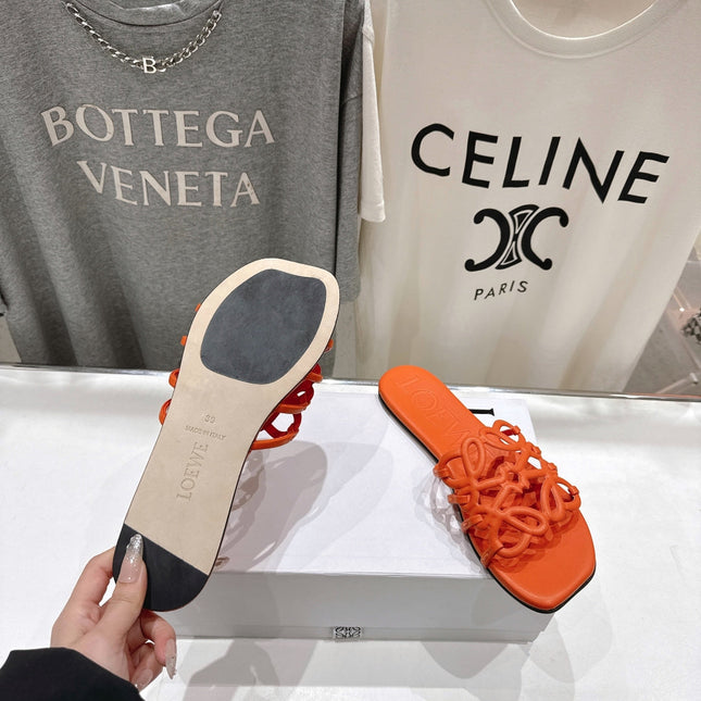 LOEWE 26S PETAL ANAGRAM SLIDE IN BURNT ORANGE CALFSKIN