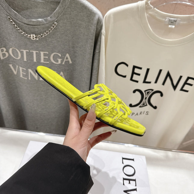 LOEWE 26S PETAL ANAGRAM SLIDE IN LEMON YELLOW CALFSKIN
