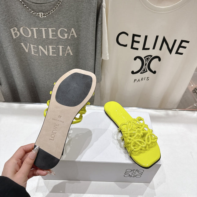 LOEWE 26S PETAL ANAGRAM SLIDE IN LEMON YELLOW CALFSKIN