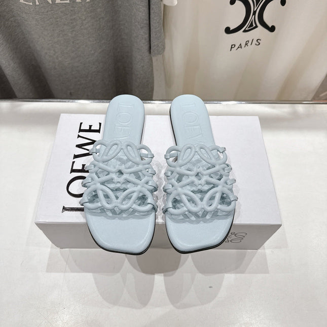 LOEWE 26S PETAL ANAGRAM SLIDE IN LIGHT BLUE CALFSKIN