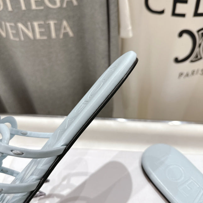LOEWE 26S PETAL ANAGRAM SLIDE IN LIGHT BLUE CALFSKIN