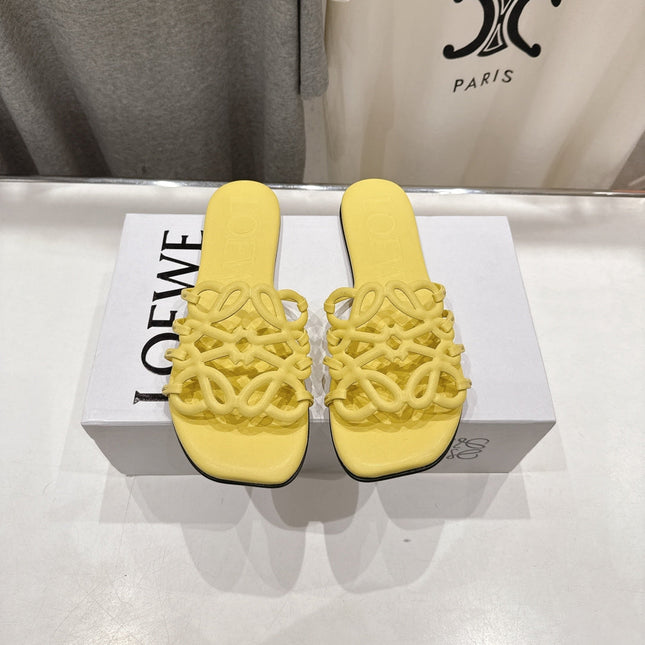 LOEWE 26S PETAL ANAGRAM SLIDE IN YELLOW CALFSKIN