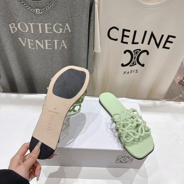 LOEWE 26S PETAL ANAGRAM SLIDE IN SAGE GREEN CALFSKIN
