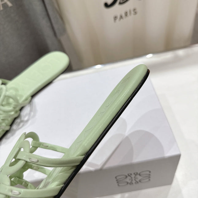 LOEWE 26S PETAL ANAGRAM SLIDE IN SAGE GREEN CALFSKIN