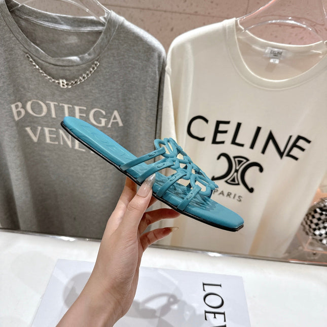 LOEWE 26S PETAL ANAGRAM SLIDE IN TEAL BLUE CALFSKIN