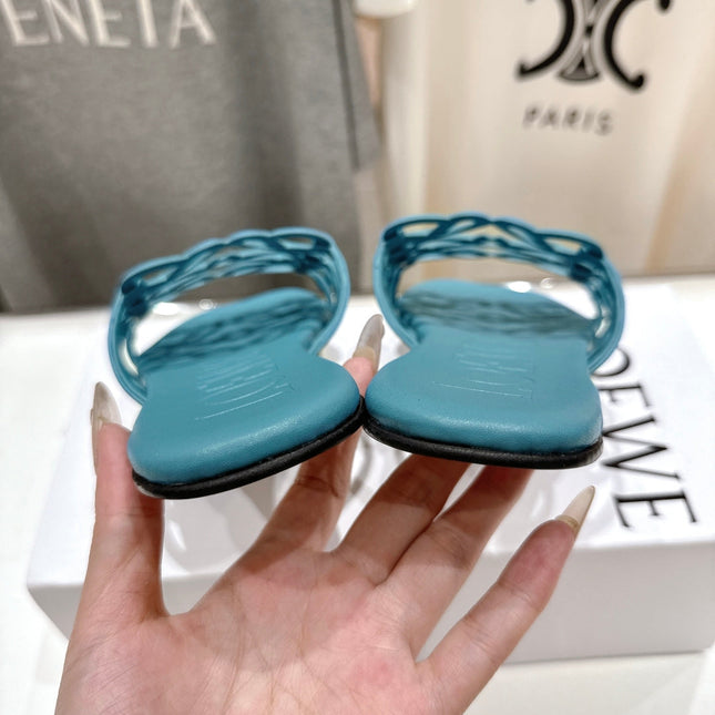LOEWE 26S PETAL ANAGRAM SLIDE IN TEAL BLUE CALFSKIN