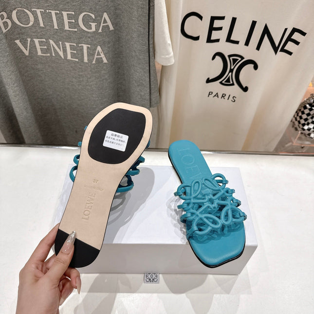 LOEWE 26S PETAL ANAGRAM SLIDE IN TEAL BLUE CALFSKIN