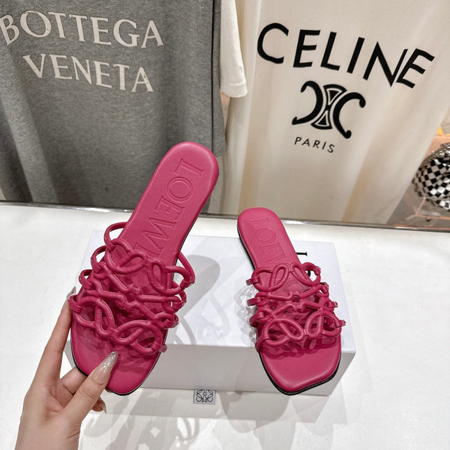 LOEWE 26S PETAL ANAGRAM SLIDE IN DARK ROSE PINK CALFSKIN