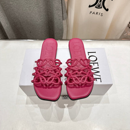 LOEWE 26S PETAL ANAGRAM SLIDE IN DARK ROSE PINK CALFSKIN