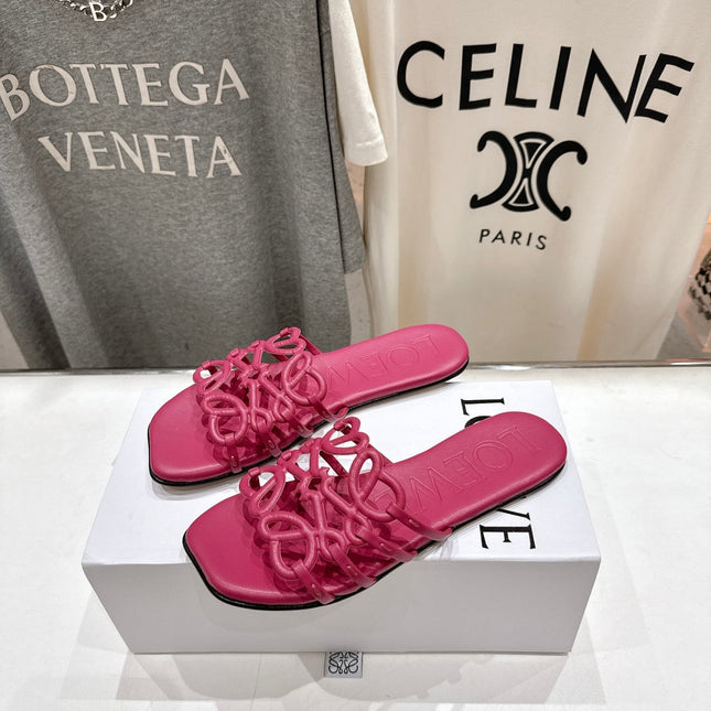 LOEWE 26S PETAL ANAGRAM SLIDE IN DARK ROSE PINK CALFSKIN