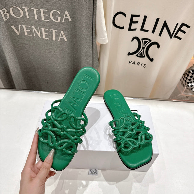 LOEWE 26S PETAL ANAGRAM SLIDE IN GREEN CALFSKIN