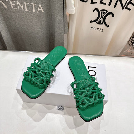 LOEWE 26S PETAL ANAGRAM SLIDE IN GREEN CALFSKIN