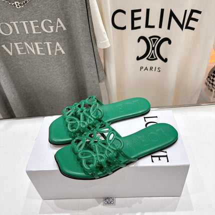 LOEWE 26S PETAL ANAGRAM SLIDE IN GREEN CALFSKIN
