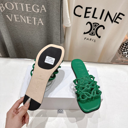 LOEWE 26S PETAL ANAGRAM SLIDE IN GREEN CALFSKIN