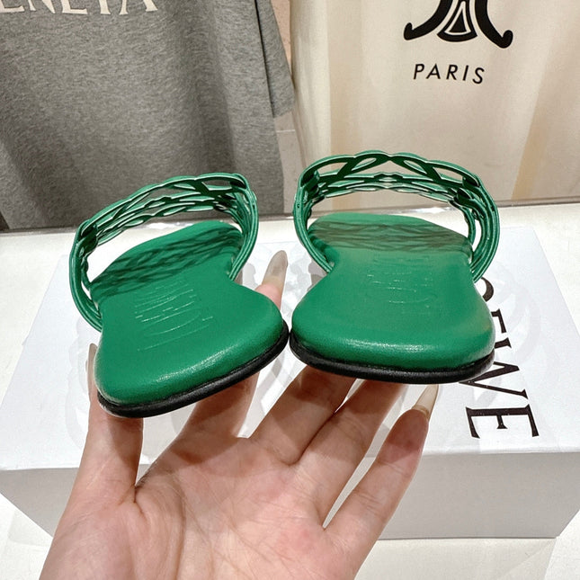 LOEWE 26S PETAL ANAGRAM SLIDE IN GREEN CALFSKIN