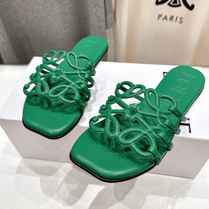 LOEWE 26S PETAL ANAGRAM SLIDE IN GREEN CALFSKIN