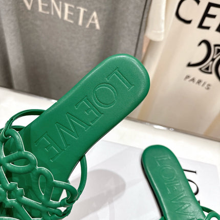 LOEWE 26S PETAL ANAGRAM SLIDE IN GREEN CALFSKIN