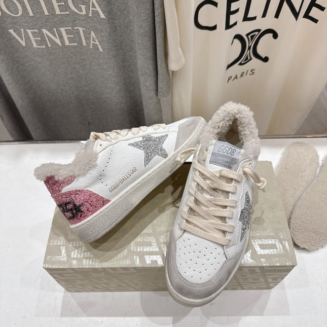 GOLDEN GOOSE BALL STAR LOW-TOP SNEAKERS IN WHITE AND SILVER-TONE COLORWAY