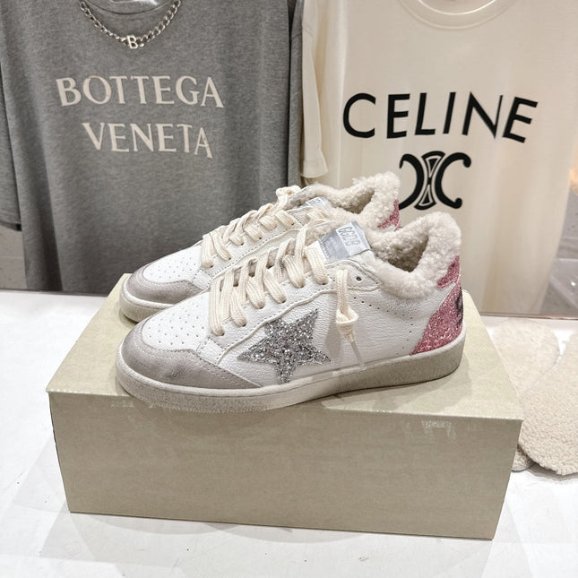 GOLDEN GOOSE BALL STAR LOW-TOP SNEAKERS IN WHITE AND SILVER-TONE COLORWAY