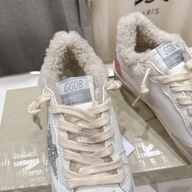 GOLDEN GOOSE BALL STAR LOW-TOP SNEAKERS IN WHITE AND SILVER-TONE COLORWAY