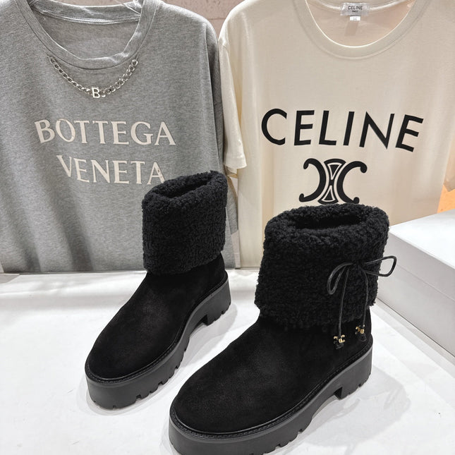 CELINE 26S FUR-TRIM ANKLE BOOTS IN BLACK SUEDE