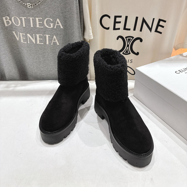 CELINE 26S FUR-TRIM ANKLE BOOTS IN BLACK SUEDE