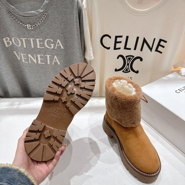 CELINE 26S FUR-TRIM ANKLE BOOTS IN BROWN SUEDE