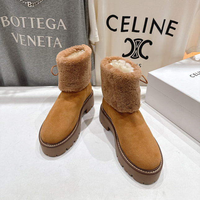 CELINE 26S FUR-TRIM ANKLE BOOTS IN BROWN SUEDE
