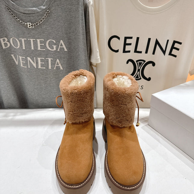 CELINE 26S FUR-TRIM ANKLE BOOTS IN BROWN SUEDE