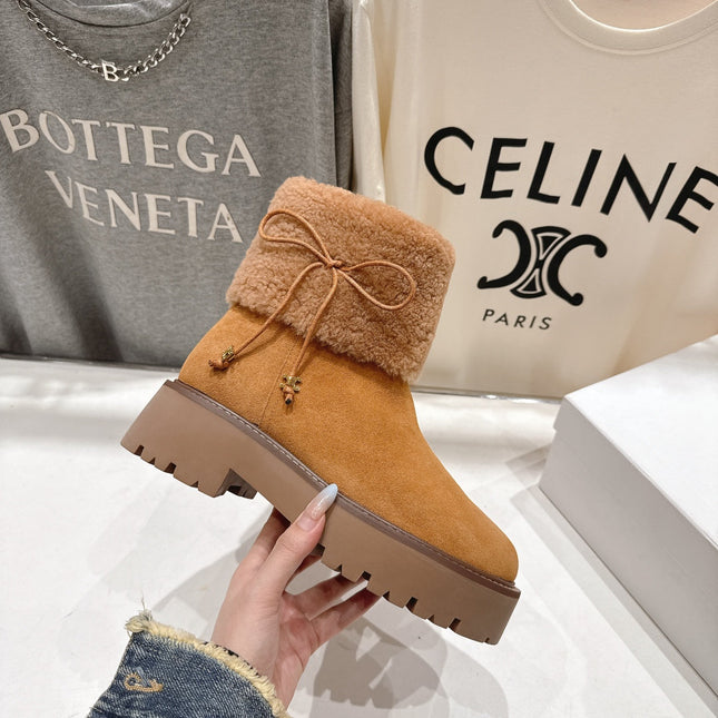 CELINE 26S FUR-TRIM ANKLE BOOTS IN BROWN SUEDE