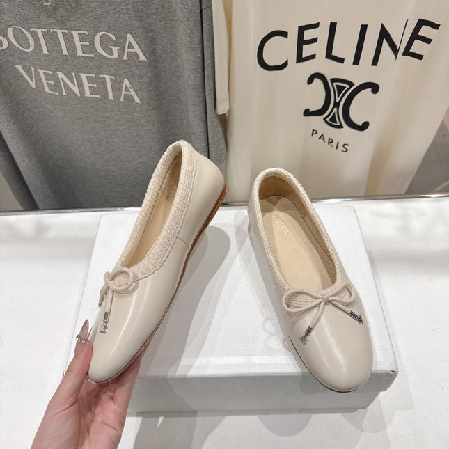 CELINE 26S BALLET FLATS IN CREAM WHITE CALFSKIN WITH BOW