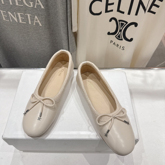 CELINE 26S BALLET FLATS IN CREAM WHITE CALFSKIN WITH BOW