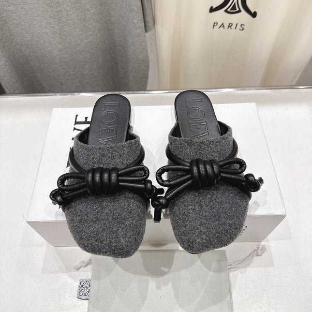 LOEWE 26S MULE LOAFERS IN DARK GREY CALFSKIN AND FABRIC KNOT DETAIL