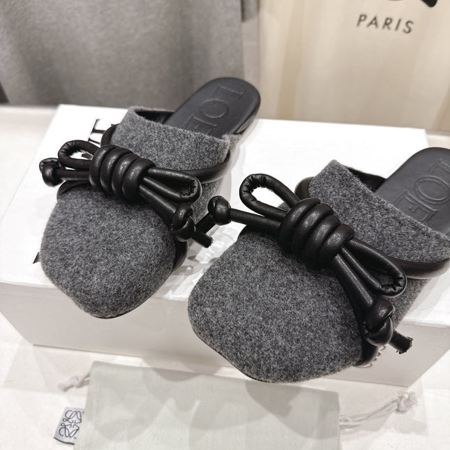 LOEWE 26S MULE LOAFERS IN DARK GREY CALFSKIN AND FABRIC KNOT DETAIL