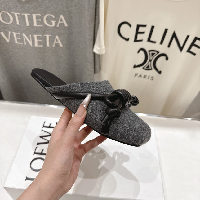 LOEWE 26S MULE LOAFERS IN DARK GREY CALFSKIN AND FABRIC KNOT DETAIL