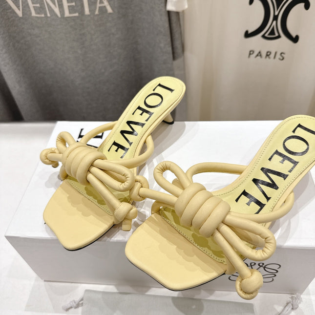 LOEWE 26S KITTEN HEEL KNOT SANDALS IN BUTTER YELLOW CALFSKIN