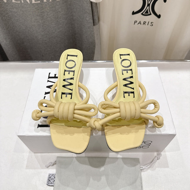 LOEWE 26S KITTEN HEEL KNOT SANDALS IN BUTTER YELLOW CALFSKIN