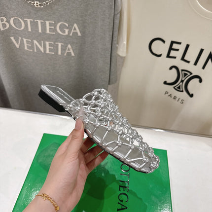 BOTTEGA VENETA 26S WOVEN MULES IN SILVER LAMBSKIN