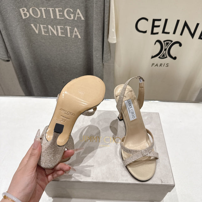JIMMY CHOO 26S HIGH-HEELED SANDALS 100 MM IN LIGHT BEIGE GLITTER FABRIC